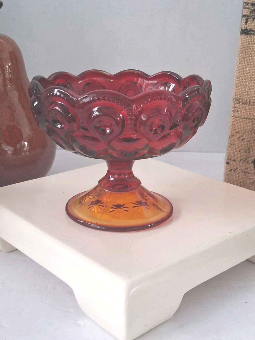 Vtg LE Smith Moon and Stars Amberina Glass Compote Pedestal Bowl Candy Dish 4x5